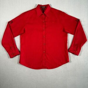 Ralph Lauren Shirt Womens Medium Red 100% Linen Roll Tab Button Up Long Sleeve